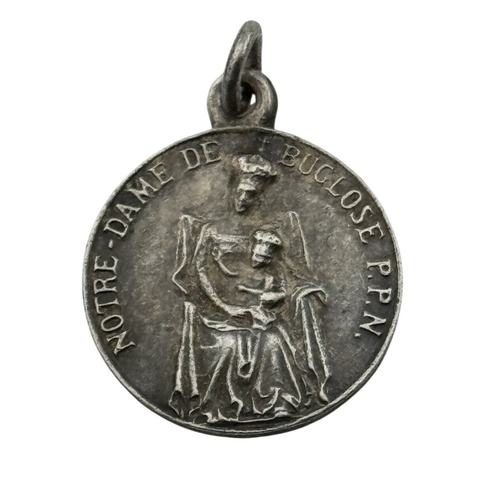Vintage Notre Dame de Buglose Madonna Child Sacred Heart Silver Tone Medal